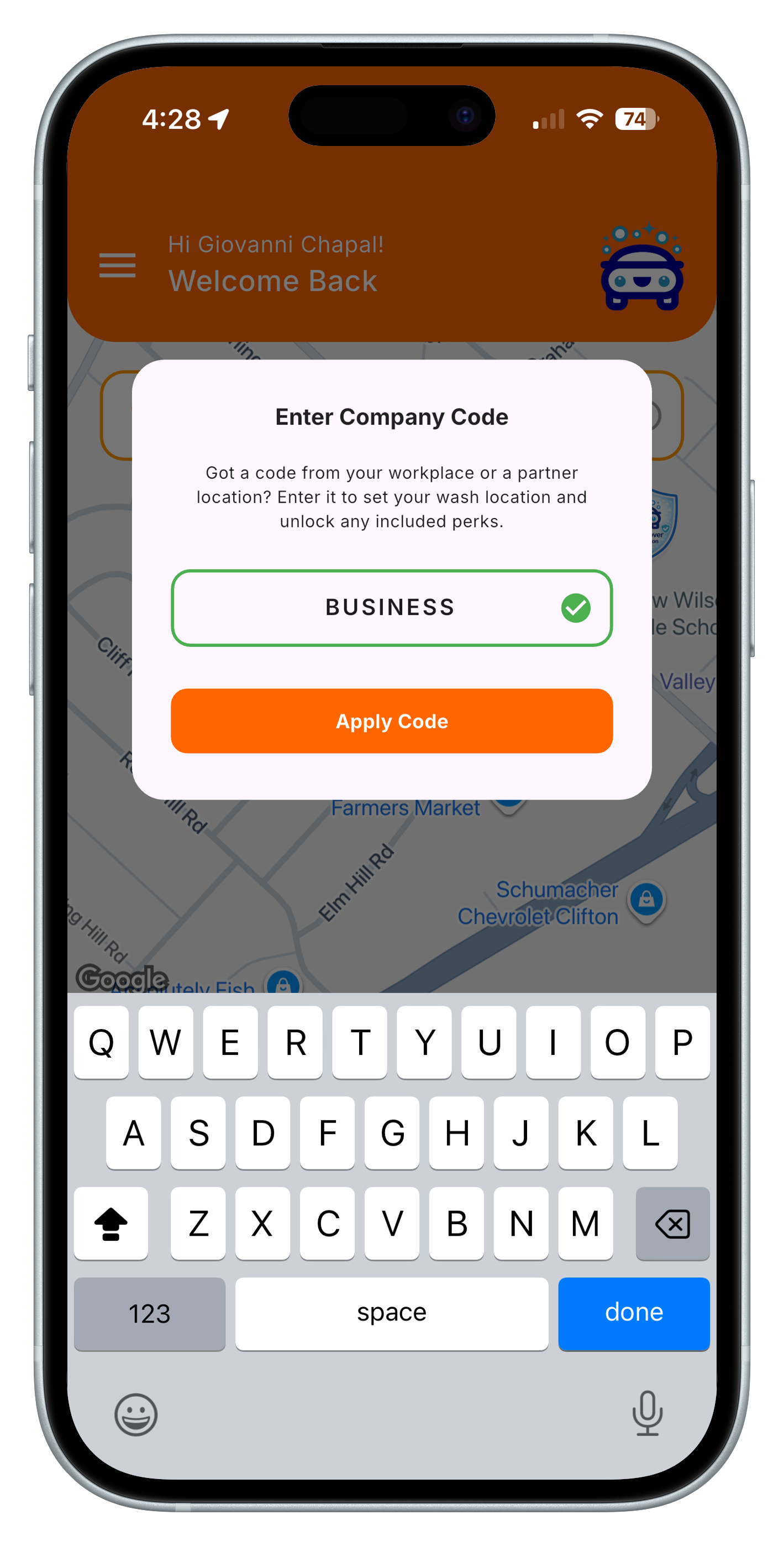 QuickWash app showing Enter Company Code